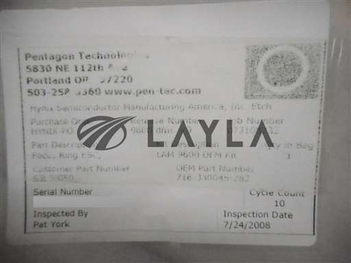 716-330045-282/Focus Ring ESC*/Lam Research 716-330045-282 ESC Focus Ring TCP 9600 Refurbished/Lam Research/_01